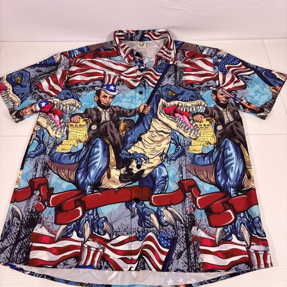 Men's Patriotic Dinosaur Abraham Lincoln Print Button Down Shirt Medium 0084 - Picture 3 of 8